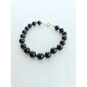 Vintage Black‎ Onyx Beaded Knotted Bracelet Gold Plated Whimsygoth Classic 7.25"
